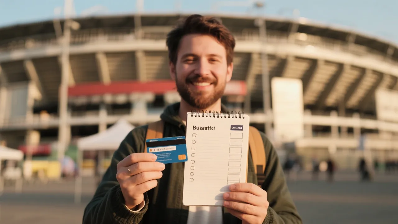 球迷在球场外查看预算清单与车票的旅行场景
